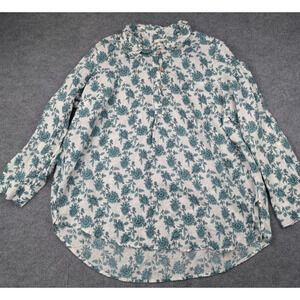 Cynthia Rowley Linen Top Womens 2X Floral Coastal Resort Roll Tab Boho Relaxed